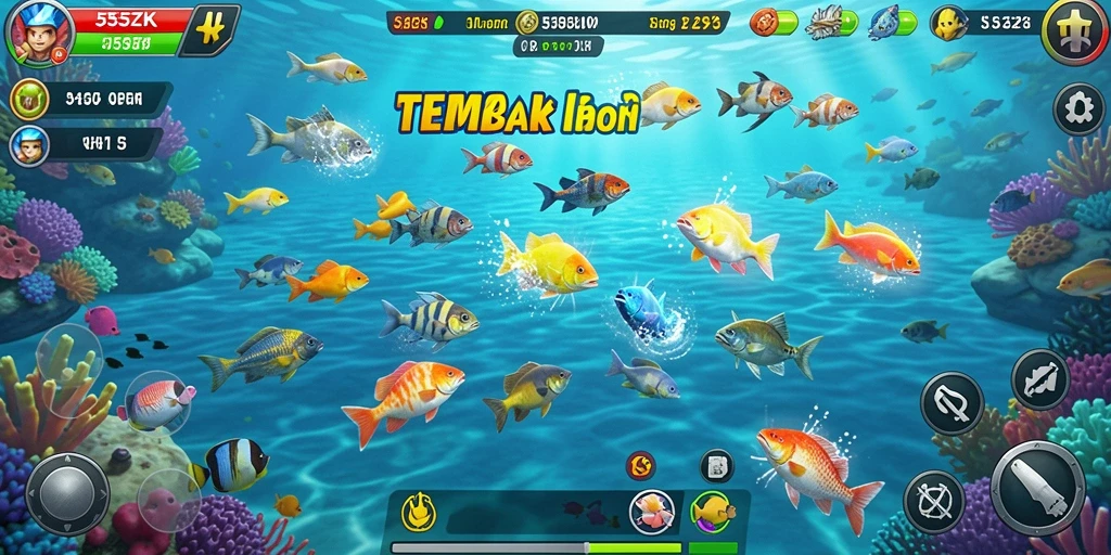 Gameplay mengasyikkan di 555ZK dengan berbagai ikan untuk ditangkap.
