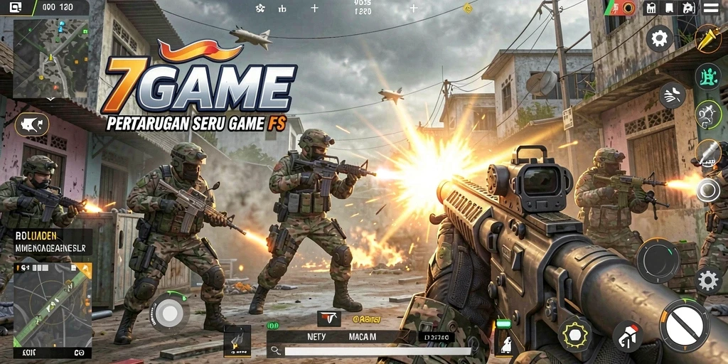 Tangkapan layar utama gameplay FPS 7GAME yang intens.