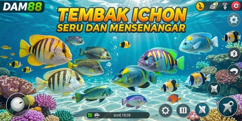 Screenshot utama menunjukkan gameplay seru Tembak Ikan di DAM88.