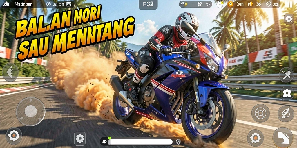 Tangkapan layar F32 menampilkan aksi balapan motor yang menegangkan di berbagai lintasan.