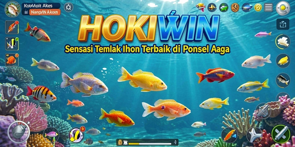 Tampilan gameplay HOKIWIN dengan berbagai ikan untuk ditembak.