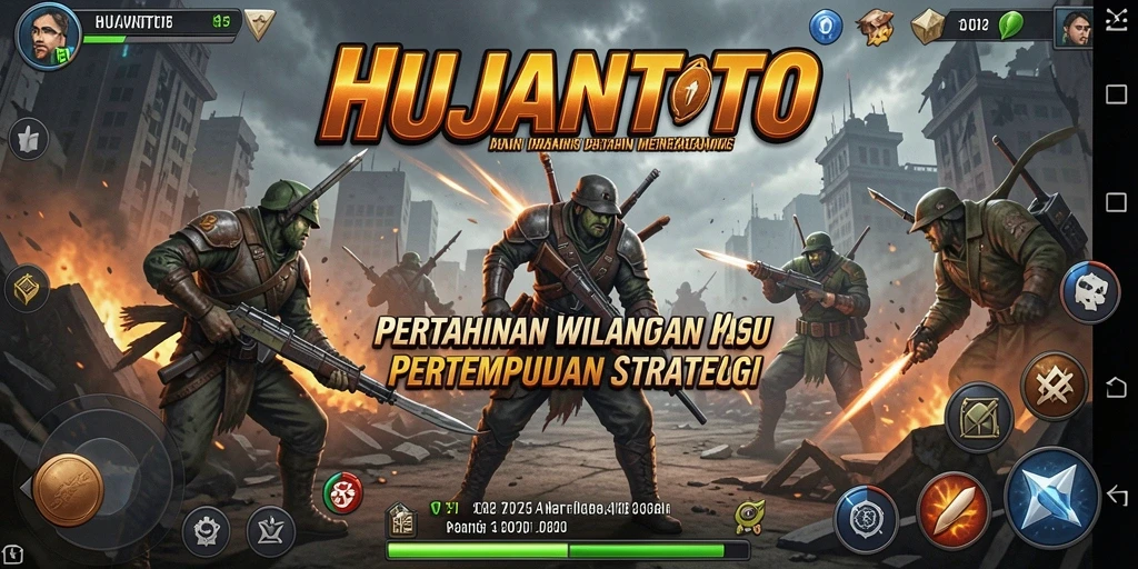 Tangkapan layar gameplay HUJANTOTO menampilkan serangan musuh dan pertahanan tower.