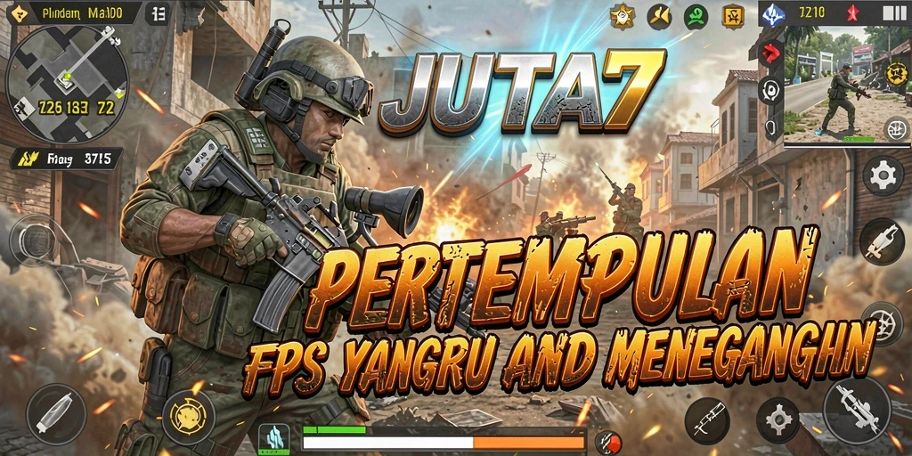Screenshot utama JUTA7 menampilkan aksi pertempuran FPS yang mendebarkan.
