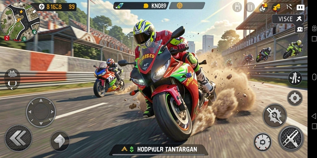 Gameplay KNO89 menunjukkan aksi balapan motor yang mendebarkan.