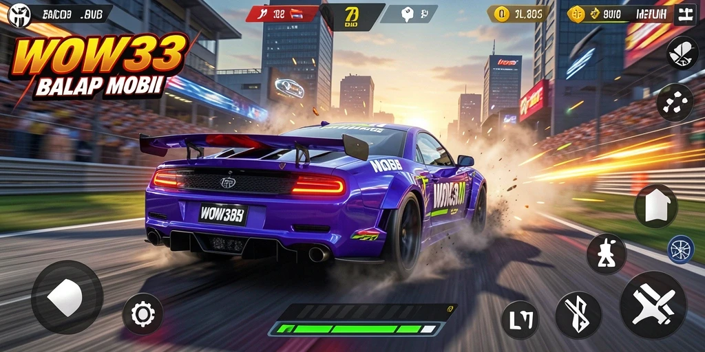 Tampilan gameplay WOW33 menampilkan aksi balapan mendebarkan dan mobil yang menawan.